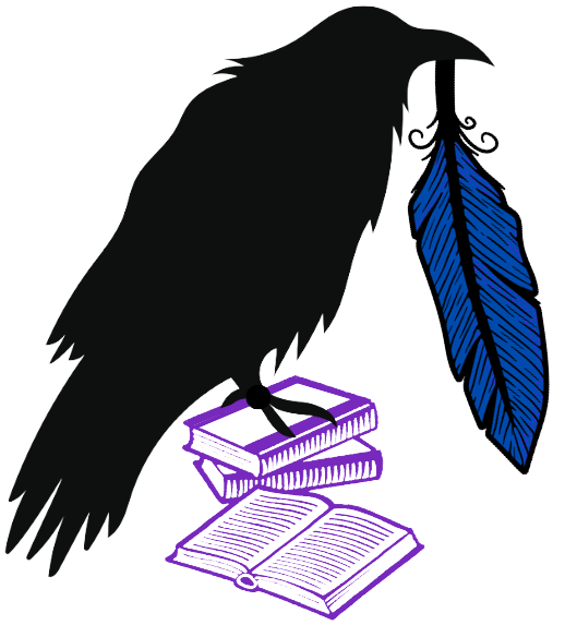 Solid black raven template holding a blue and black ink quill and standing on two closed books. One open book showing in the foreground..