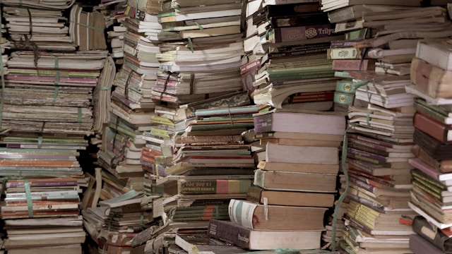Several piles of aged books.‌
