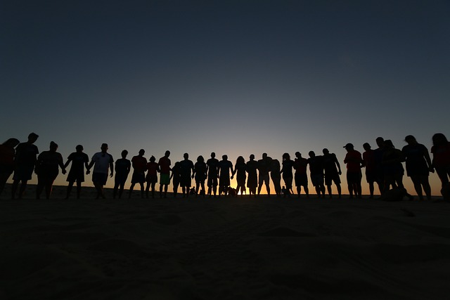 A line of people in shadow holding hands as the sun descends in the background.