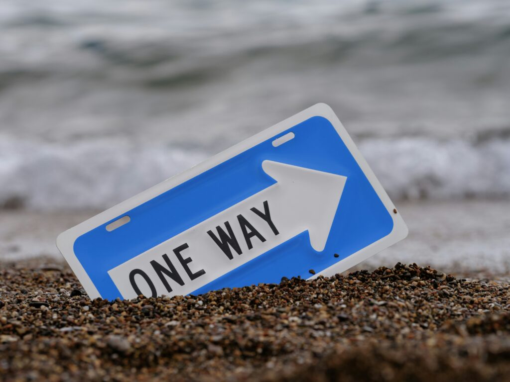 There is no One Right Way to write a story. Ignore as wanted. Closeup of blue One Way road sign half-concealed in sand.